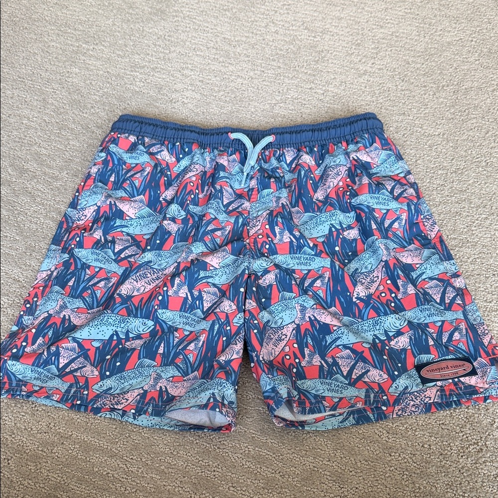 Vineyard Vines Navy, Light Blue & Coral Fish-Print Swim Trunks